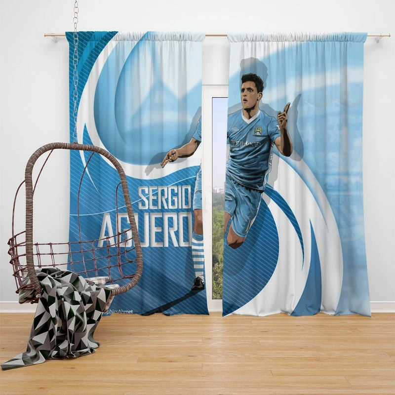 Confident Man City Soccer Player Sergio Aguero Window Curtain