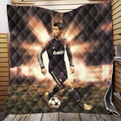 Cristiano Ronaldo in Black Jersey Football Player Quilt Blanket