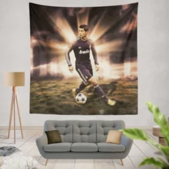 Cristiano Ronaldo in Black Jersey Football Player Tapestry