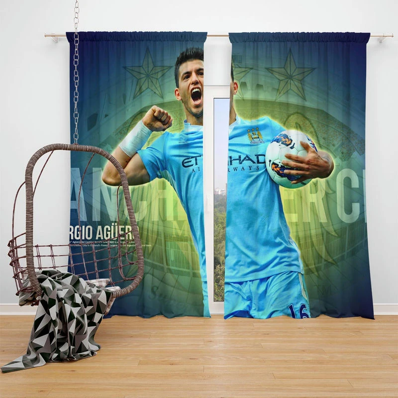 Determined Footballer Player Sergio Aguero Window Curtain