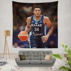 Giannis Antetokounmpo Powerful NBA Basketball Player Tapestry