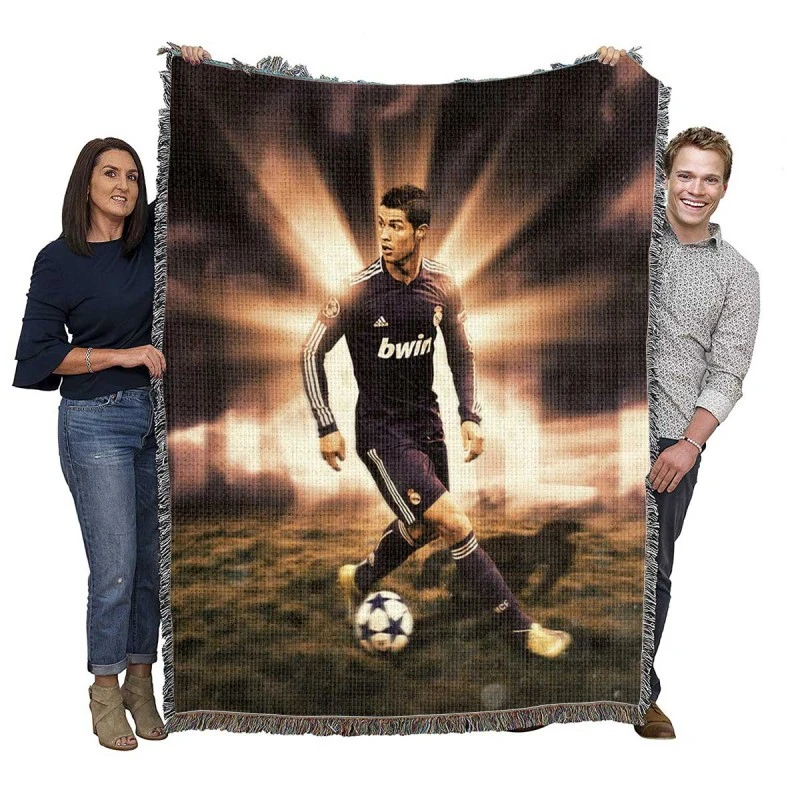 Cristiano Ronaldo in Black Jersey Football Player Woven Blanket